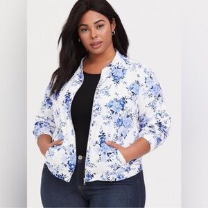 TORRID Blue and White Floral Bomber Jacket